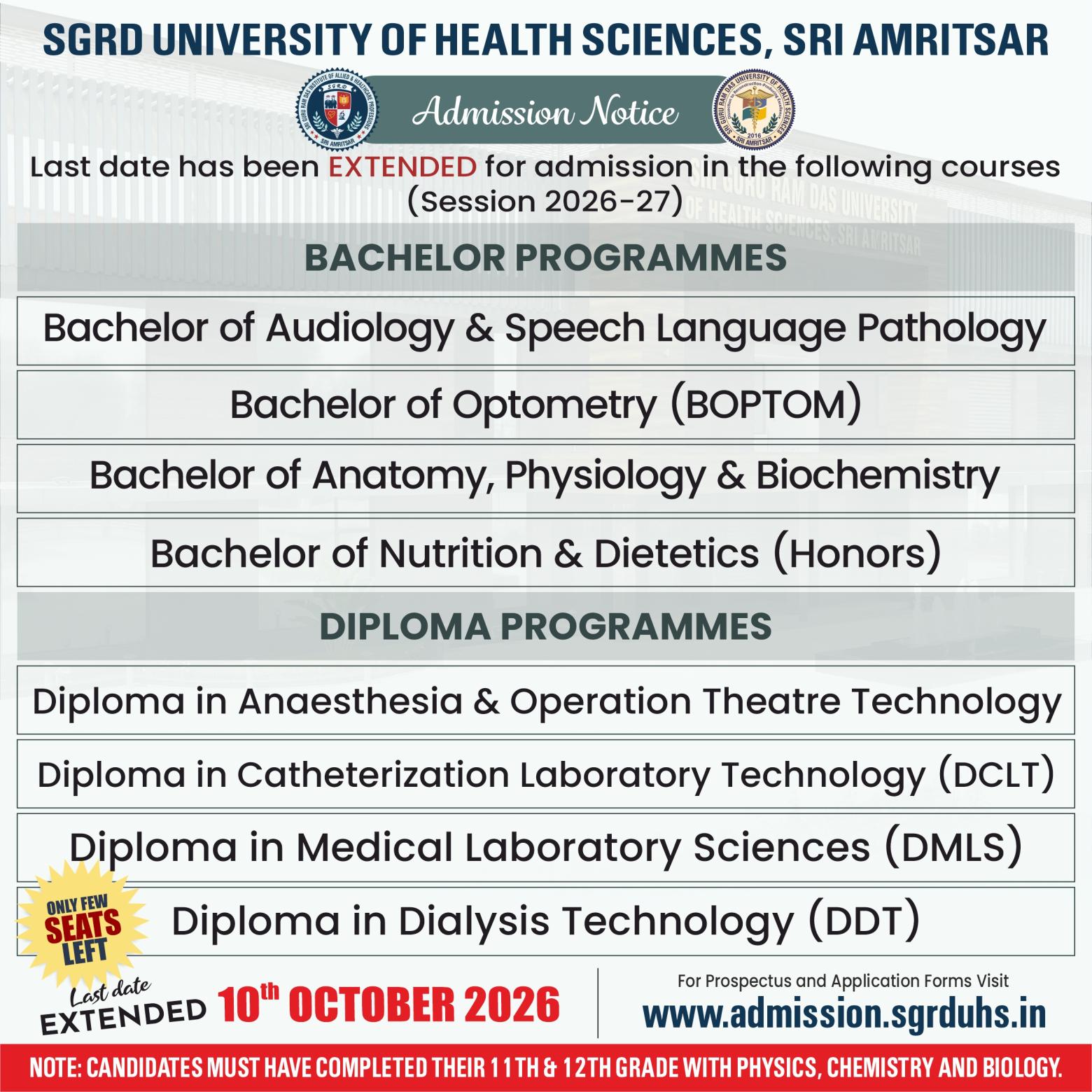 Last Date extended for Bachelor and Diploma Programs 2026-27
